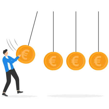ビジネスマンがユーロ硬貨の形をしたボールを打ち上げる  イラスト