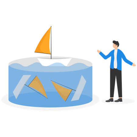 Businessman launches paper boats in an aquarium business test  Illustration