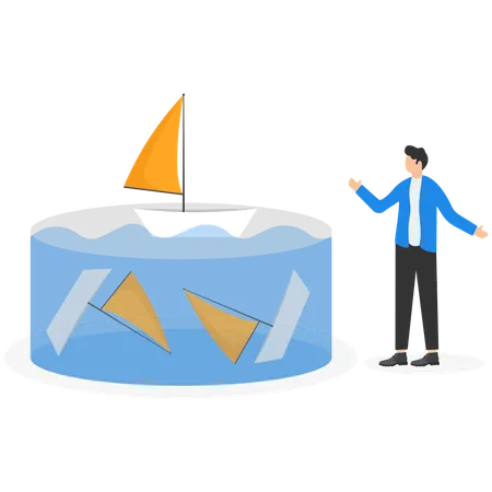 Businessman launches paper boats in an aquarium business test  Illustration