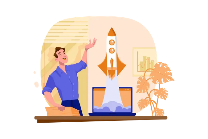 Businessman launches rocket from a laptop  イラスト