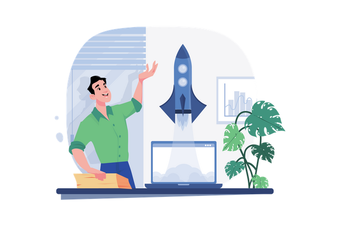 Businessman launches rocket from a laptop  Illustration