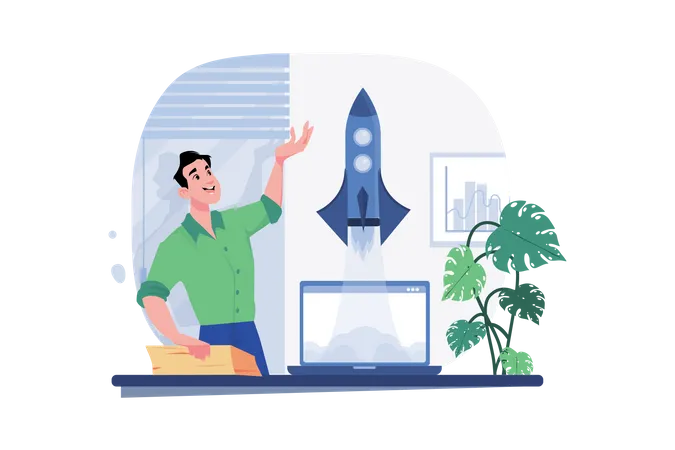 Businessman launches rocket from a laptop  Illustration