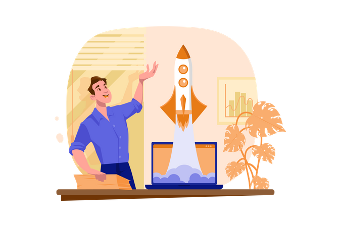 Businessman launches rocket from a laptop  Illustration