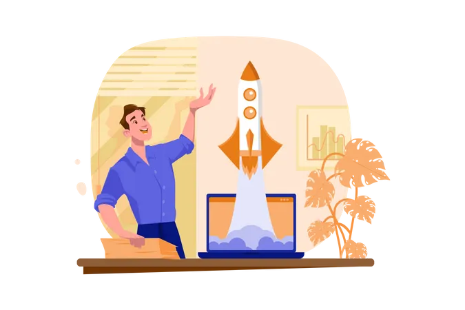 Businessman launches rocket from a laptop  Illustration