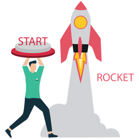 Businessman Launching a Startup with Rocket Button  Illustration