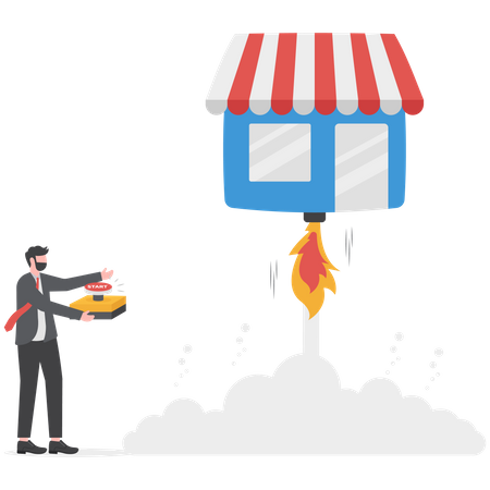 Businessman launching business shop into sky  Illustration