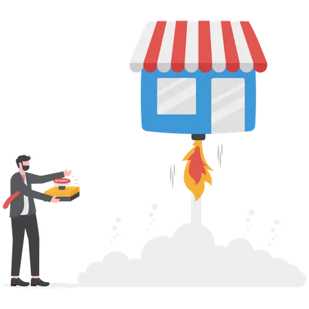 Businessman launching business shop into sky  Illustration