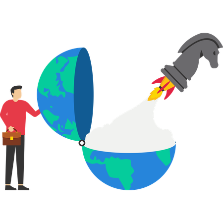 Businessman launching chess horse rocket from world  Illustration
