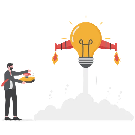Launch New Business Idea Creativity And Innovative Winning Solution Entrepreneurship Or Start Up Business Concept Smart Businessman Entrepreneur Launching Light Bulb Idea From Powerful Cannon Illustration