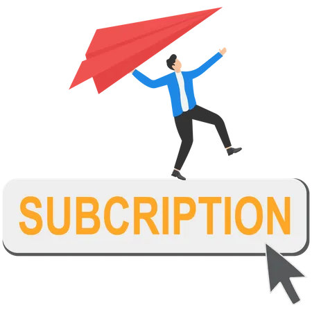 Businessman launching origami paper airplane on email subscribe form on website  Illustration