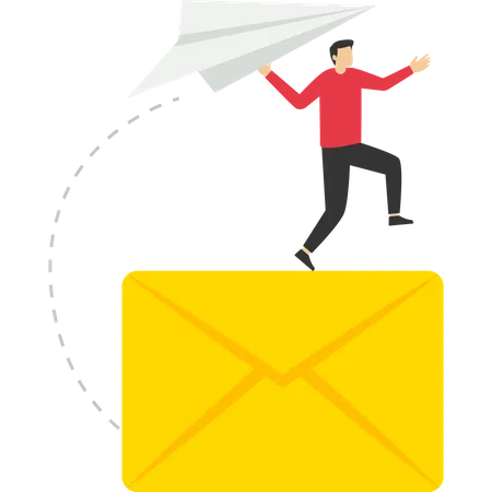 Businessman launching origami paper airplane on email subscription form on website  Illustration