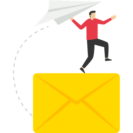 Businessman launching origami paper airplane on email subscription form on website  Illustration