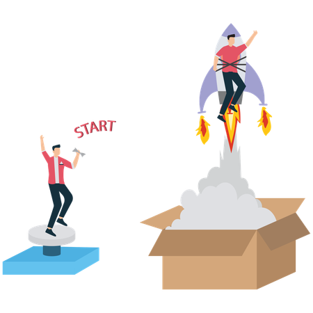 Businessman Launching Out of Box with Rocket Booster  Illustration