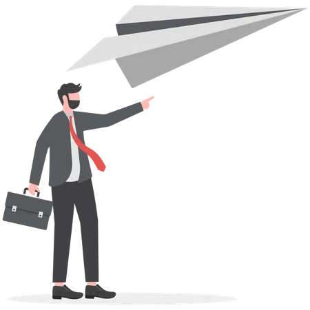 Start New Business Businessman Launching Paper Airplane Into The Sky Startup Or Entrepreneurship Illustration