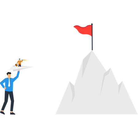 Businessman Launching Paper Airplane Towards Mountain  Illustration