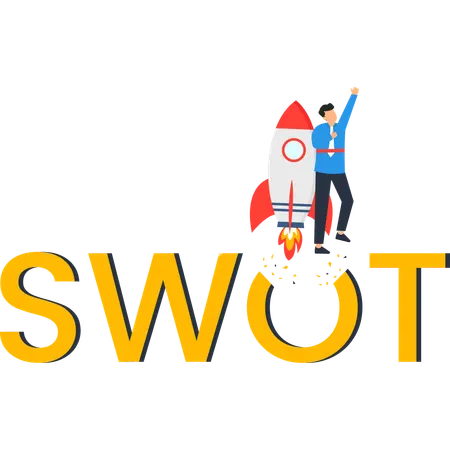 SWOT 분석을 통해 로켓을 발사하는 사업가  일러스트레이션