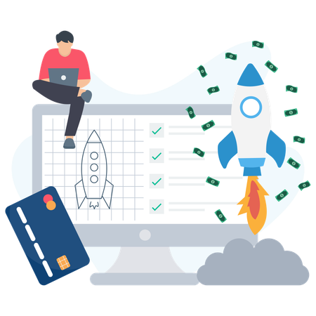 Businessman launching startup project with rocket taking off from computer screen  Illustration