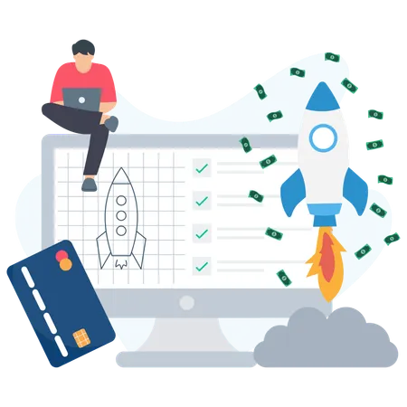 Businessman launching startup project with rocket taking off from computer screen  Illustration