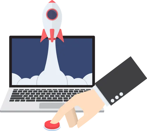 Businessman Hand Pushing The Button To Launch Rocket From Laptop Monitor Startup Business Concept Illustration