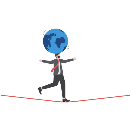 Businessman leader acrobat try to balance world globe on his head  イラスト