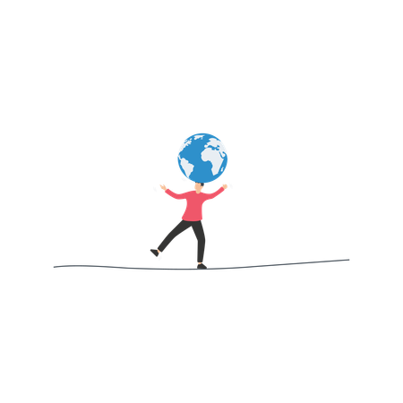 Businessman leader acrobat try to balance world globe on his head  Illustration