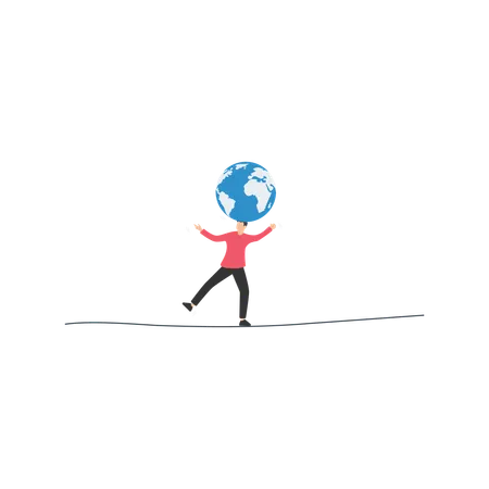 Businessman leader acrobat try to balance world globe on his head  Illustration