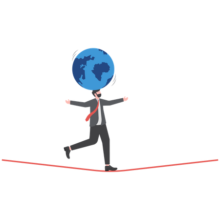 Businessman leader acrobat try to balance world globe on his head  Illustration