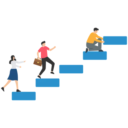 Businessman leader draw stair with pencil to lead team walk up to target  Illustration