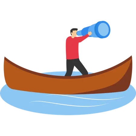 Businessman leader looking through binoculars on boat in the ocean  Illustration
