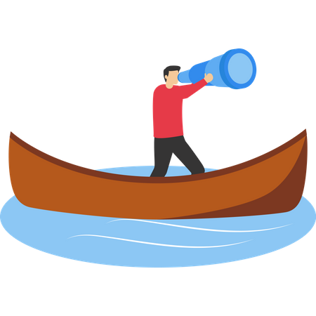 Businessman leader looking through binoculars on boat in the ocean  Illustration