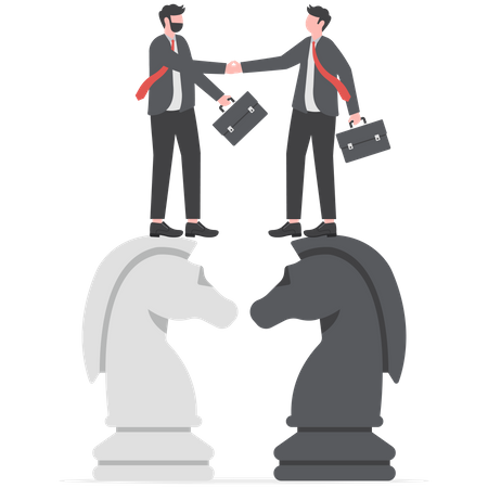 Businessman leader shaking hand on knight chess metaphor of agreement Illustration