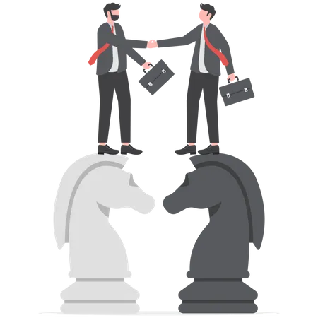 Businessman leader shaking hand on knight chess metaphor of agreement Illustration
