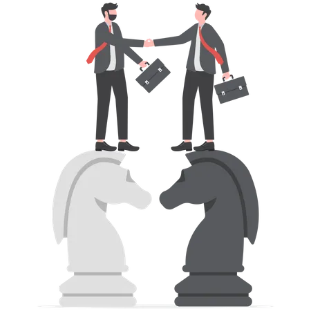 Businessman leader shaking hand on knight chess metaphor of agreement  Illustration