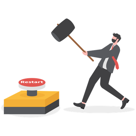 Businessman leader wearing face mask use huge hammer to hit emergency restart button  Illustration