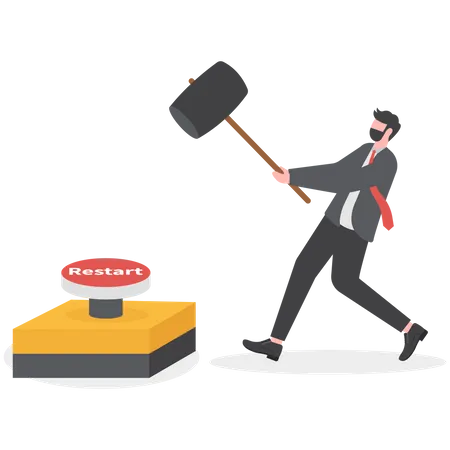 Businessman leader wearing face mask use huge hammer to hit emergency restart button  Illustration