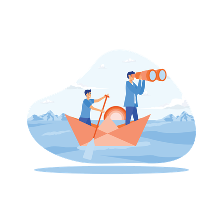 Businessman leader with binoculars lead business team sailing origami ship  Illustration
