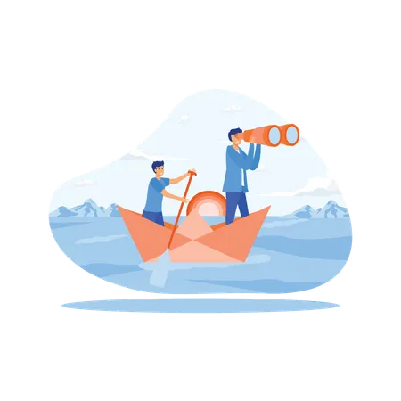 Businessman leader with binoculars lead business team sailing origami ship  Illustration