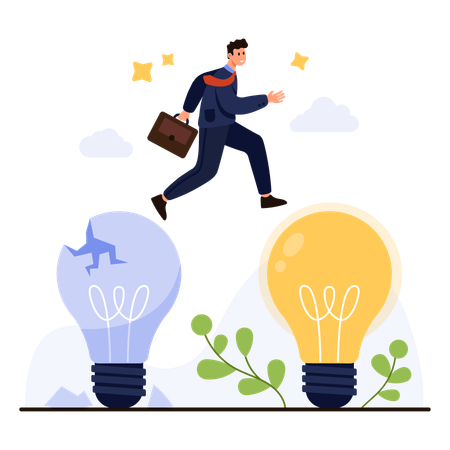 Businessman Leaping Toward Bright Success Idea  Illustration