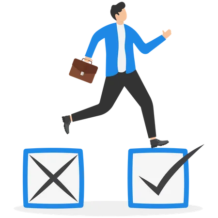 Development In Work Career Improvement Learning From Mistakes For Success Changing To Right Direction Concept Smart Business Man Jump From Crossed Check Boxes To Ticked Checkboxes Illustration