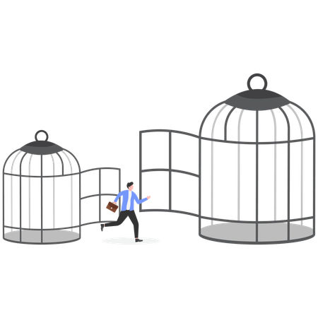 Businessman leave small cage go to bigger cage  Illustration