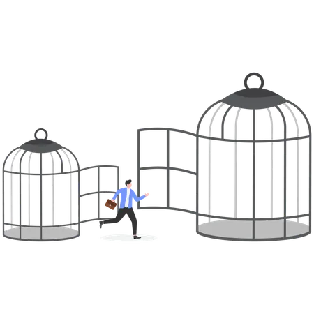 Businessman leave small cage go to bigger cage  Illustration