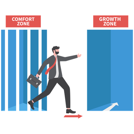 Businessman leaving from door cage the comfort zone going through growth comfort door  Illustration