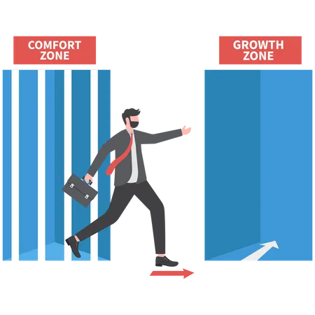 Businessman leaving from door cage the comfort zone going through growth comfort door  Illustration