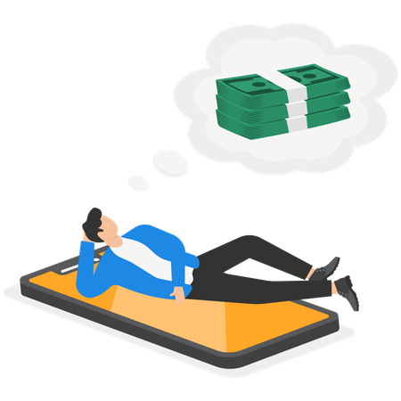 Businessman lies on screen of smartphone and dream of money  Illustration