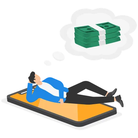 Businessman lies on screen of smartphone and dream of money  Illustration