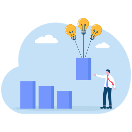 Businessman lifting bar chart with idea bulbs  Illustration