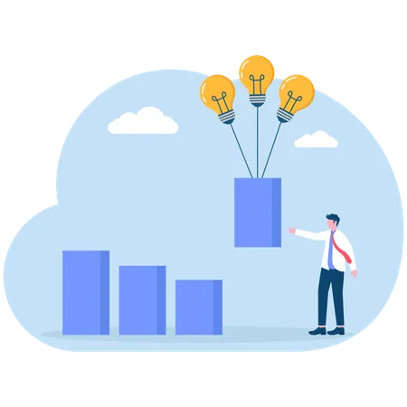 Businessman lifting bar chart with idea bulbs  Illustration