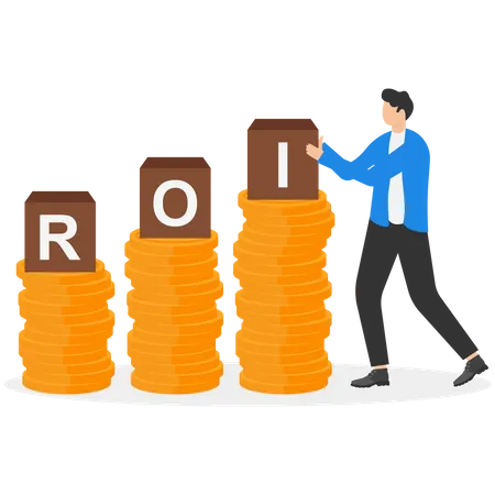 Businessman lifting block box text ROI on pile of coins money  Illustration