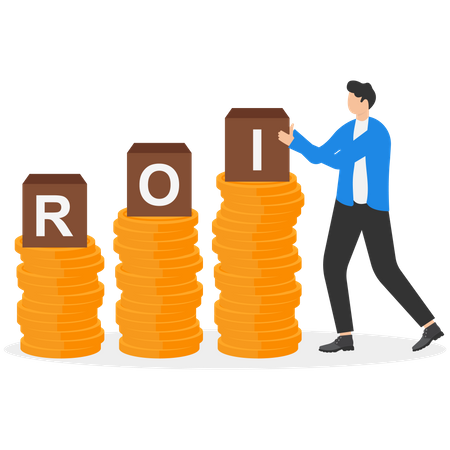 Businessman lifting block box text ROI on pile of coins money  Illustration