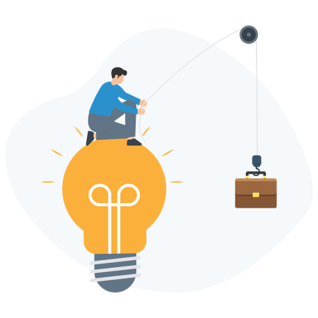 Businessman lifting briefcase using pulley system on light bulb  Illustration